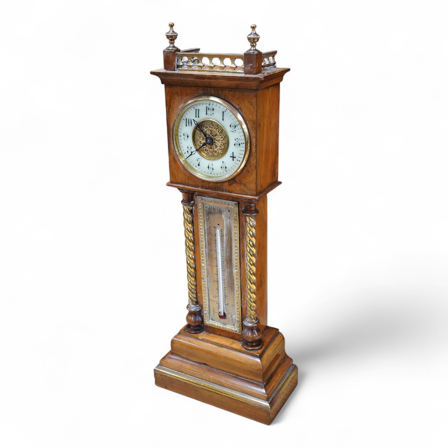 A miniature olivewood longcase timepiece with thermometer, 46cm high